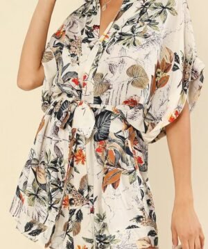V-Neck Botanical Print Kimono Romper